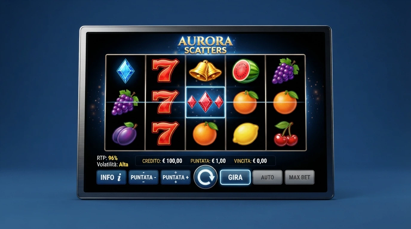 L'interfaccia di una slot machine online con i cinque rulli, la tabella dei pagamenti e il contatore del credito in euro