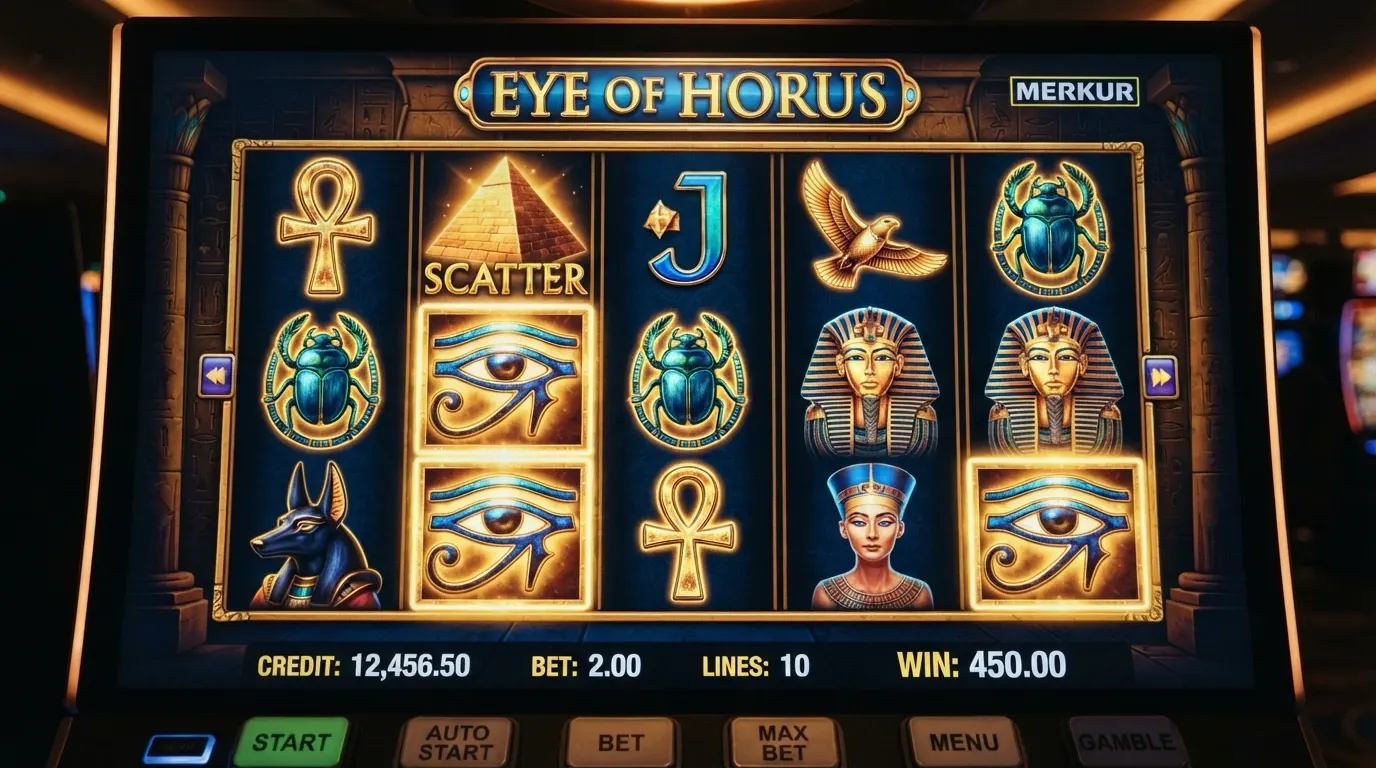 La slot Eye of Horus di Merkur con i rulli in azione e i simboli egizi sullo schermo.