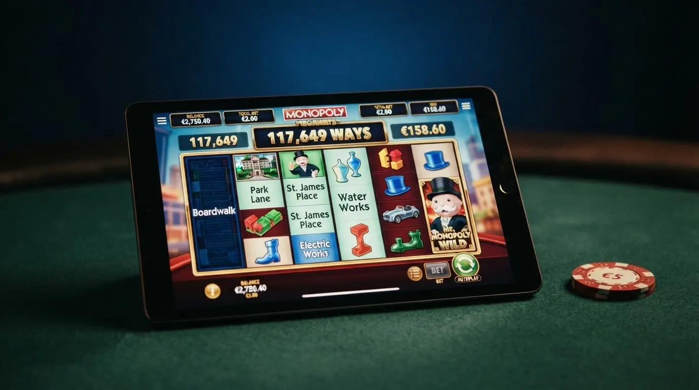 I rulli della slot Monopoly Megaways con i simboli del Monopoli e il contatore delle Megaways attivo