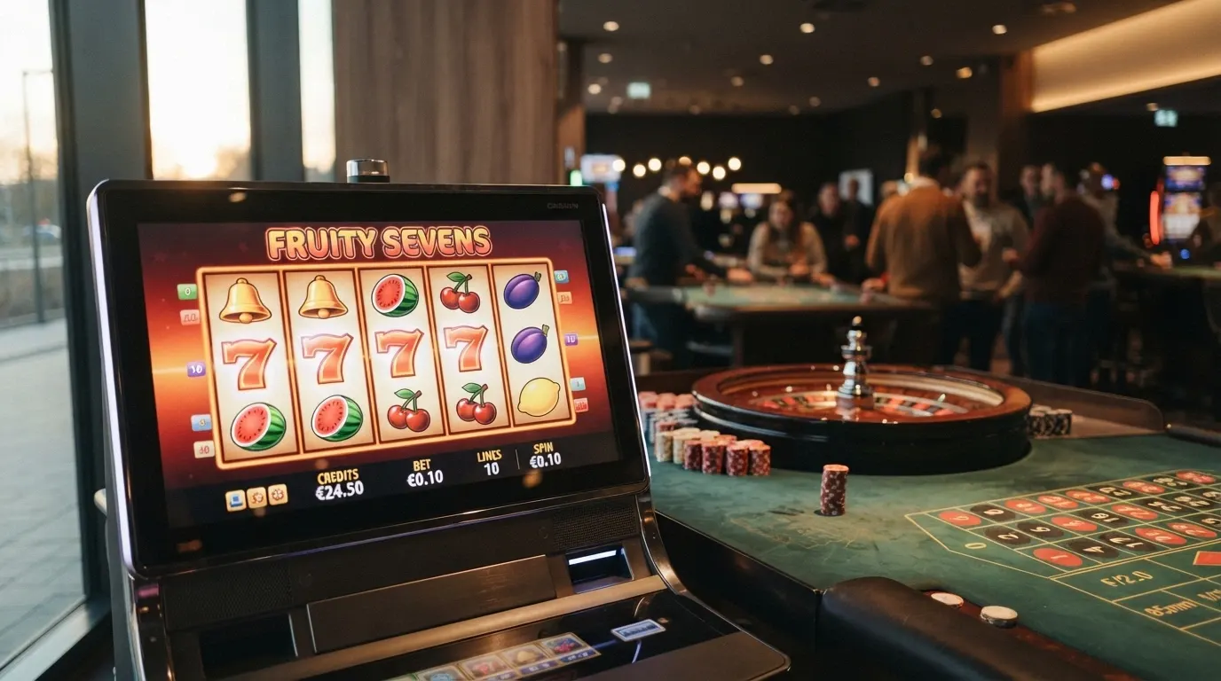 Una slot con l'interfaccia di puntata aperta che mostra la selezione di 0,01€ per linea e il costo totale dello spin di 0,10€, affiancata a un tavolo di roulette europea