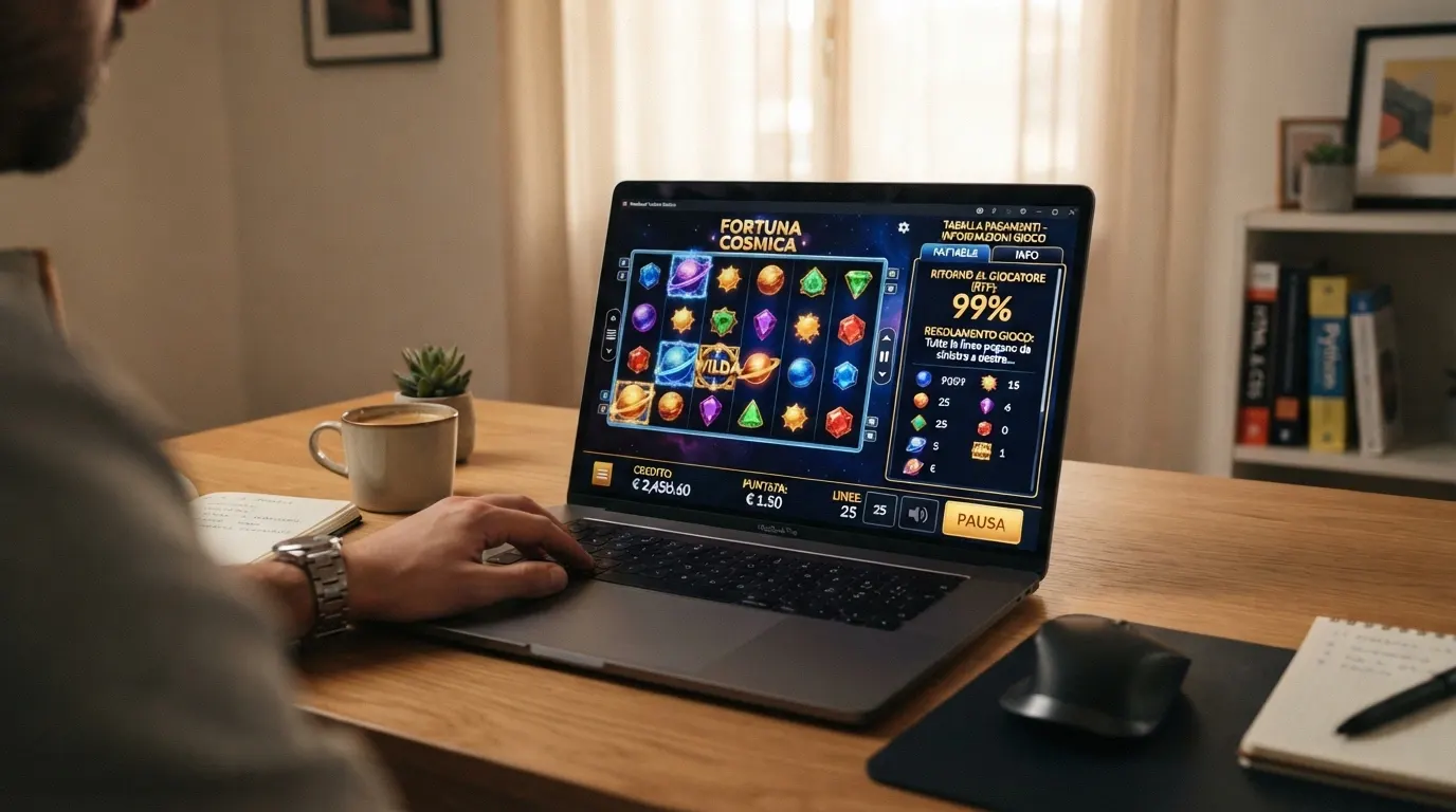 L'interfaccia di una slot online con il pannello informazioni aperto sul valore RTP 99% e la tabella dei pagamenti visibile