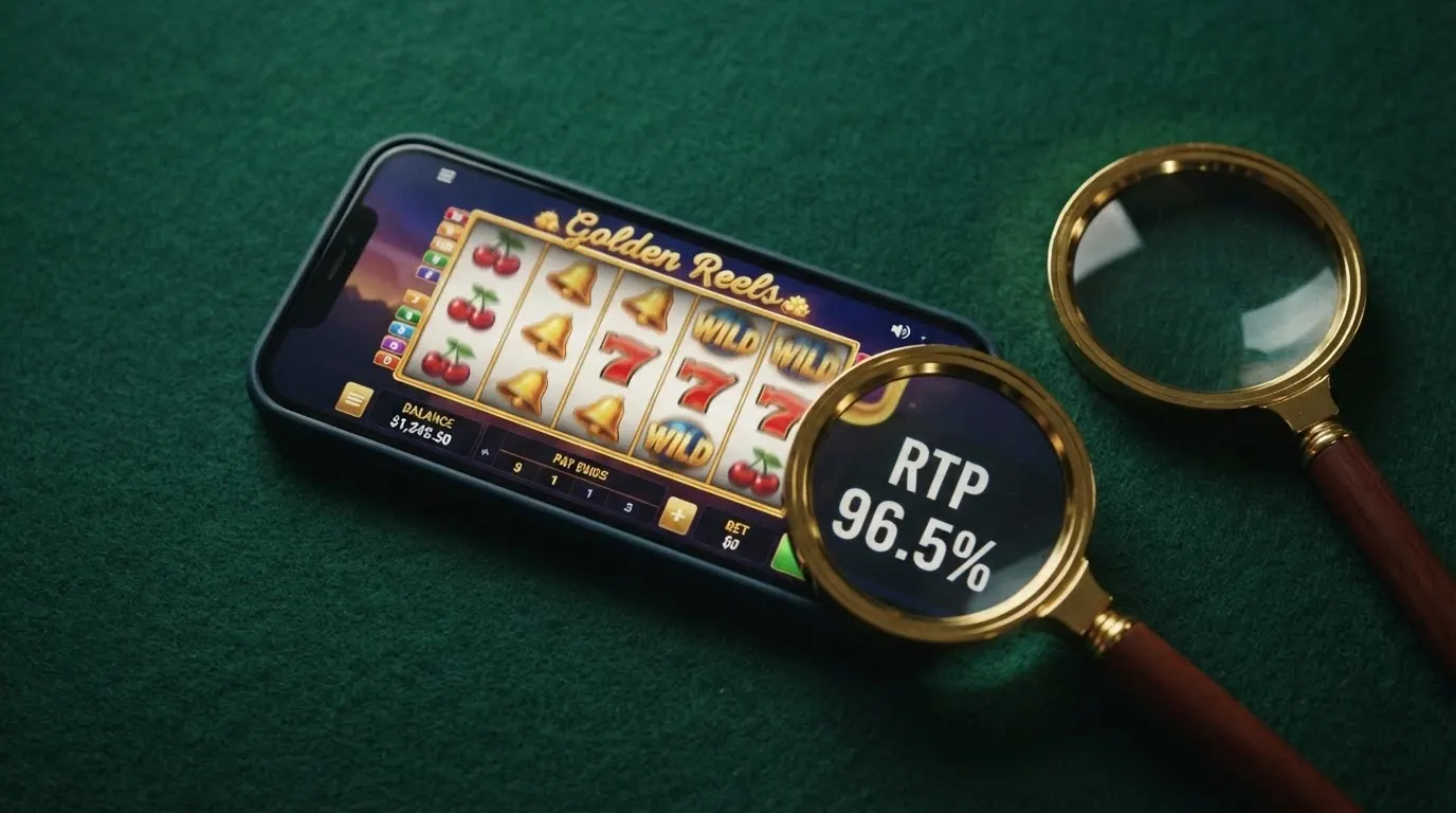 Una schermata di slot machine con i rulli in movimento e una lente di ingrandimento che evidenzia la percentuale RTP