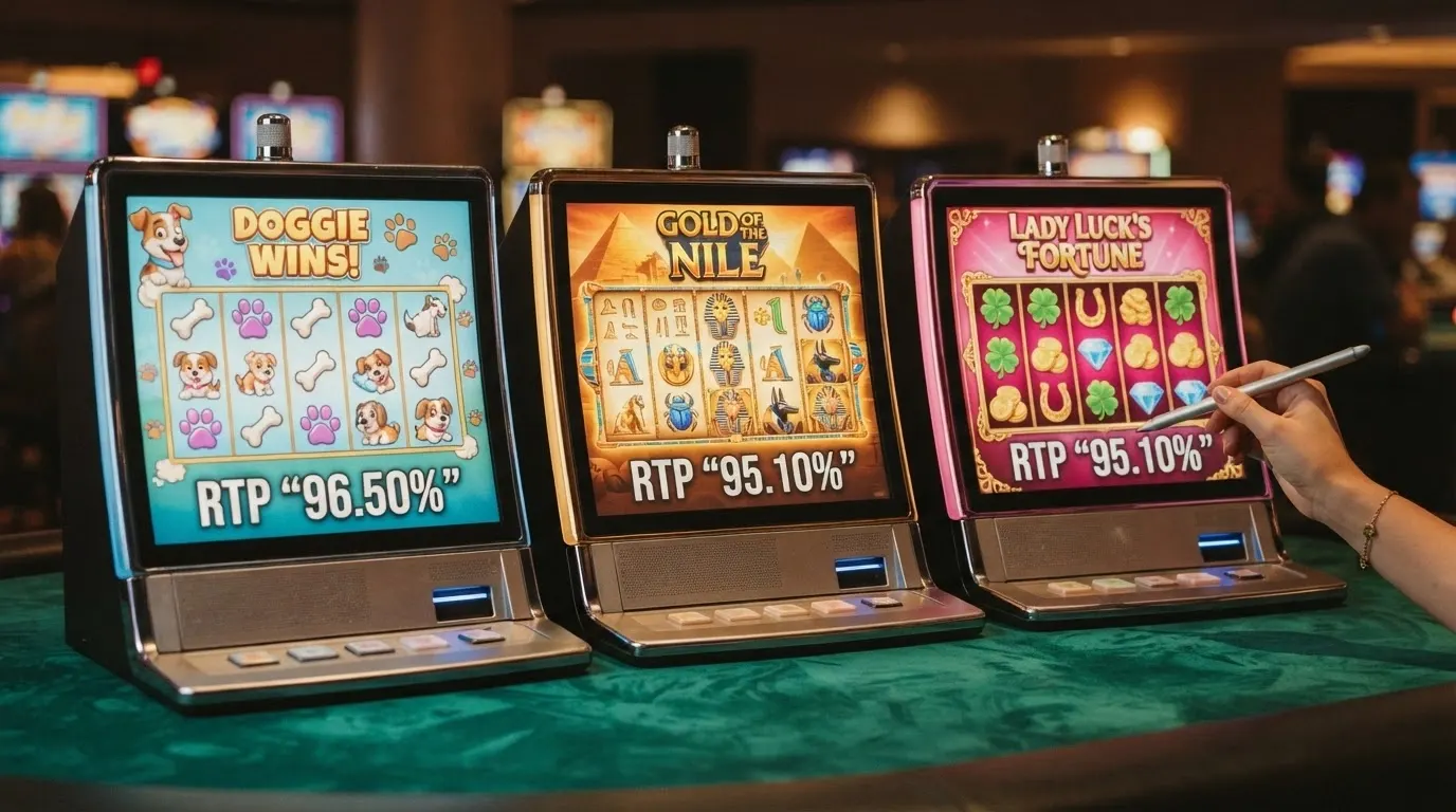 Tre slot machine affiancate — The Dog House Megaways, Book of Ra Deluxe e Lucky Lady's Charm Deluxe — con i rispettivi RTP in evidenza