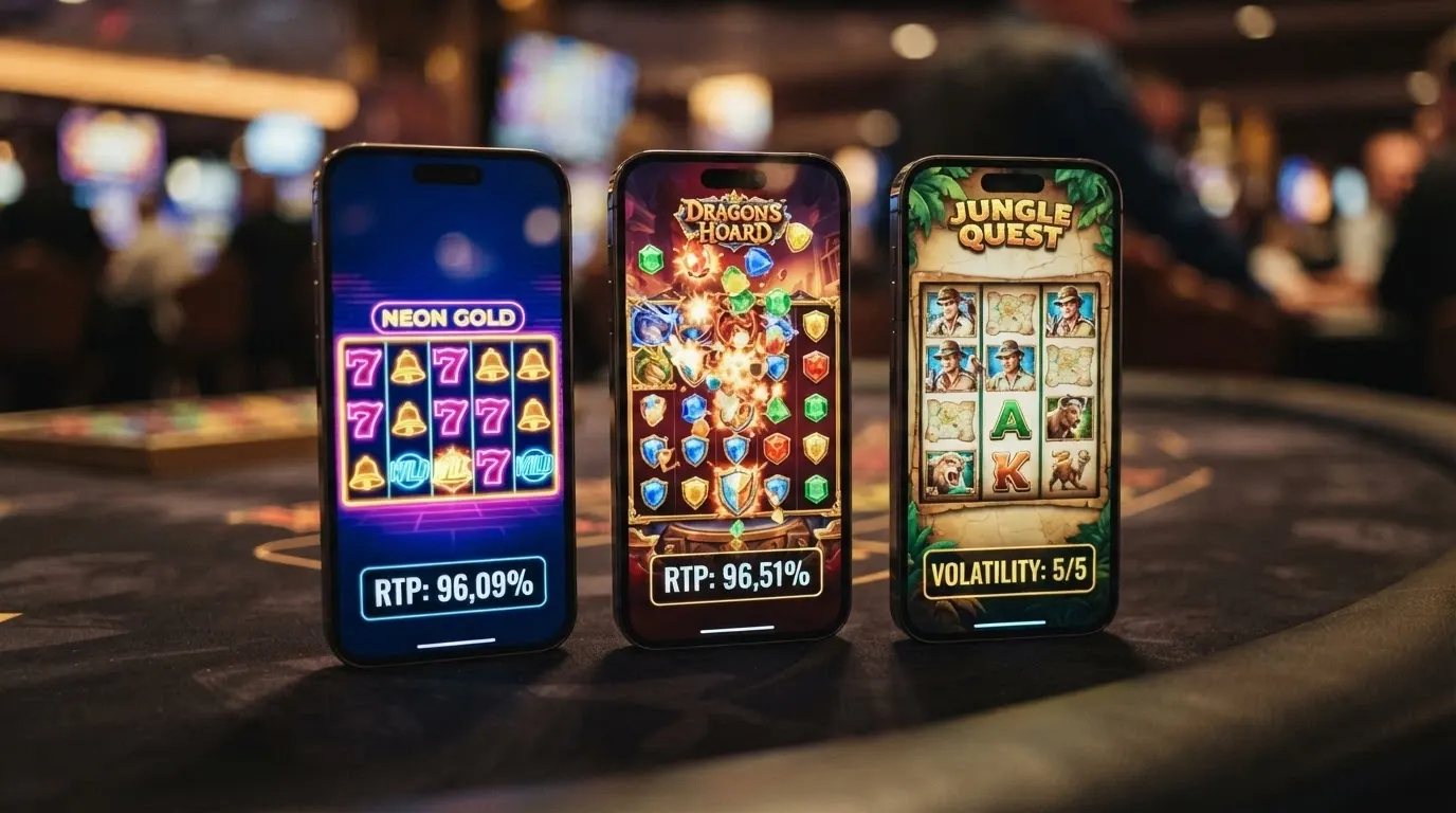 Tre slot machine in esecuzione su un iPhone in orientamento portrait, con i rispettivi valori di RTP e volatilità visualizzati in overlay.