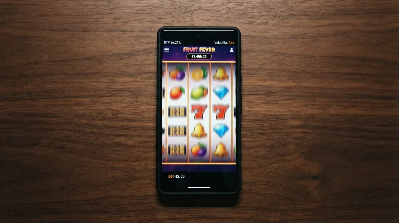 Lo schermo di una slot machine online con i rulli in movimento e l'indicatore del payout e della volatilità visibili nell'interfaccia di gioco.