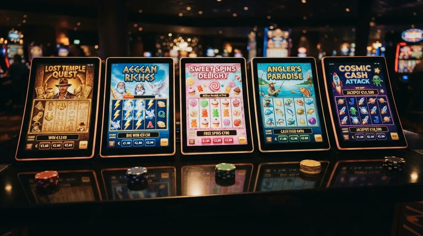Una schermata che mostra cinque slot machine affiancate con i rispettivi valori di RTP e volatilità in evidenza, dai titoli più volatili come Book of Dead ai più costanti come Starburst.