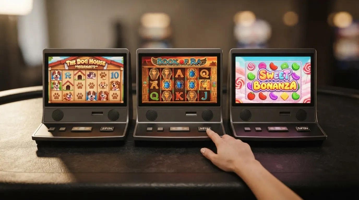 Un collage di tre slot machine in azione (The Dog House Megaways, Book of Dead, Sweet Bonanza) con i rispettivi valori RTP in evidenza