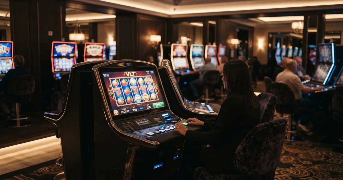 Una sala VLT italiana con terminali videolottery accesi, schermi che mostrano rulli di gioco e un ambiente dedicato.