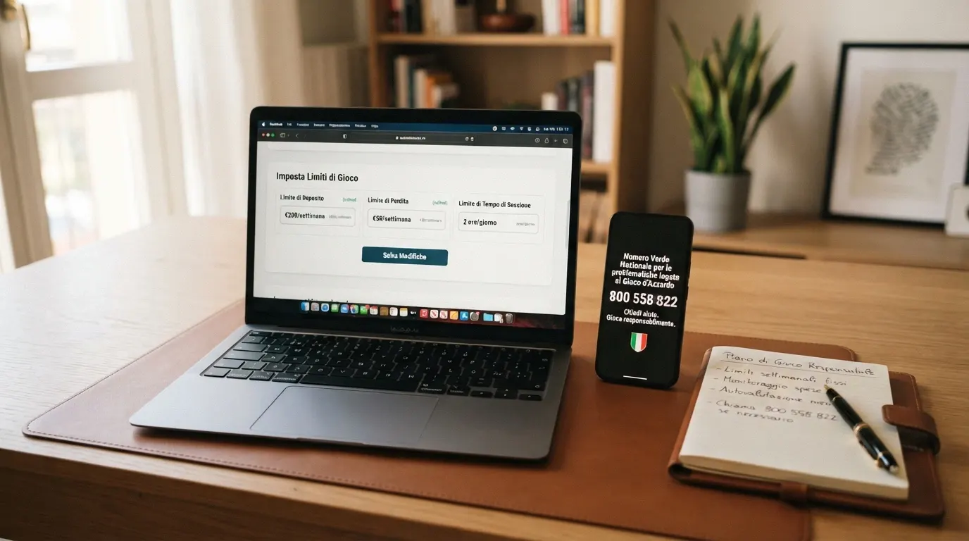 Lo schermo di un'area personale di un casino ADM con i tre pannelli aperti: limite di deposito, limite di perdita, limite di tempo di sessione, affiancati da un telefono con il numero verde visibile
