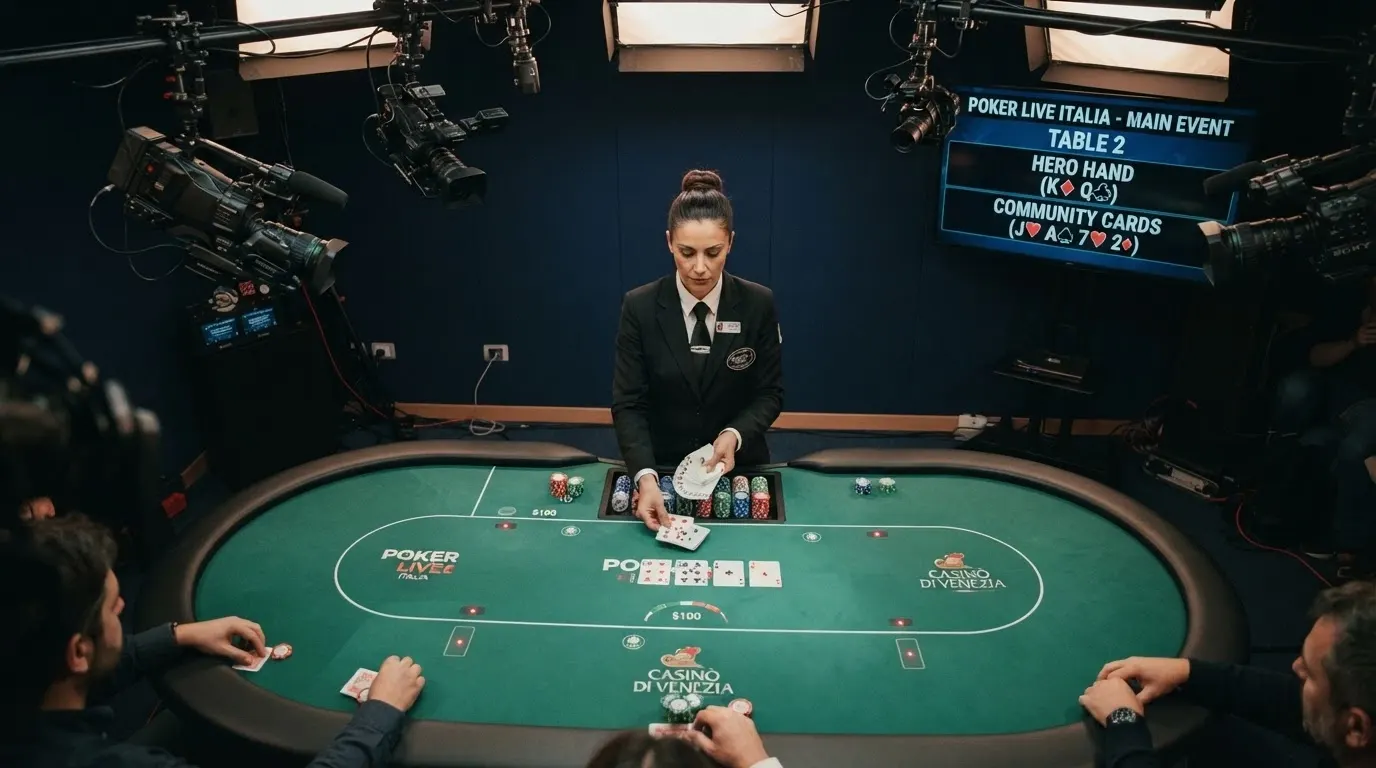 Studio di produzione di poker live con telecamere professionali, tavolo da gioco con RFID e dealer in divisa davanti a monitor multipli