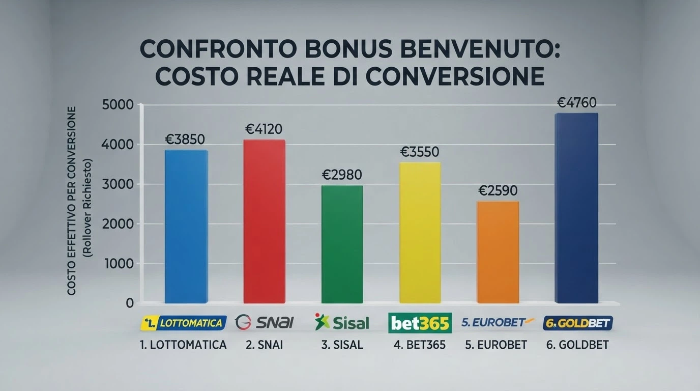 Un grafico a barre che confronta i bonus di benvenuto di diversi casinò online, con etichette in italiano e colori diversi per operatore