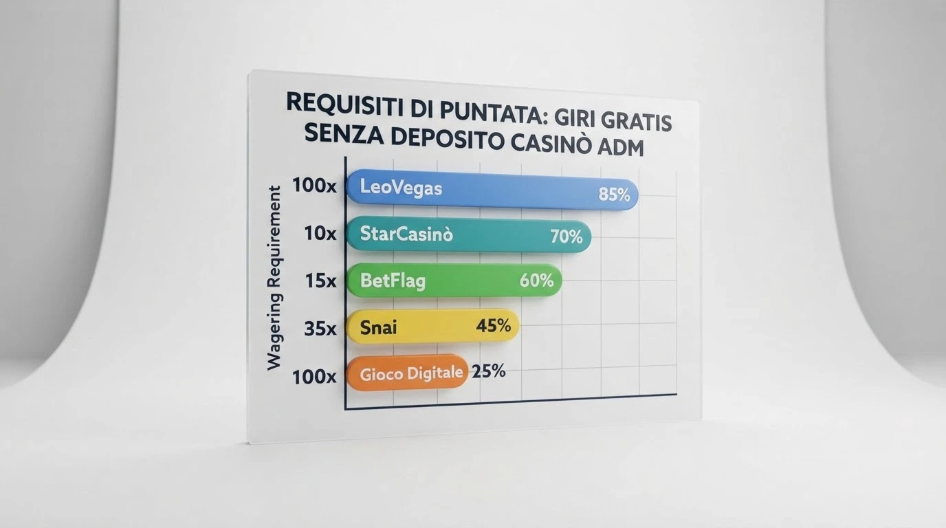 Una tabella comparativa con i nomi dei casinò, il numero di giri gratis offerti e il requisito di puntata di ciascuno