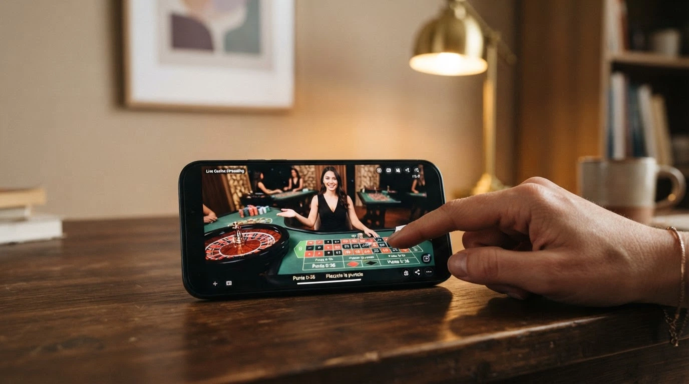 Un croupier professionista inquadrato dietro un tavolo da roulette in streaming HD, con l'interfaccia di puntata visibile sullo schermo.
