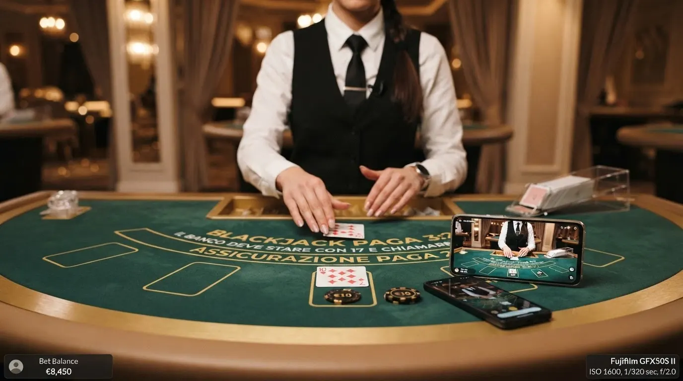 Tavolo di blackjack live con croupier inquadrato, interfaccia di gioco in italiano e chat attiva sullo schermo