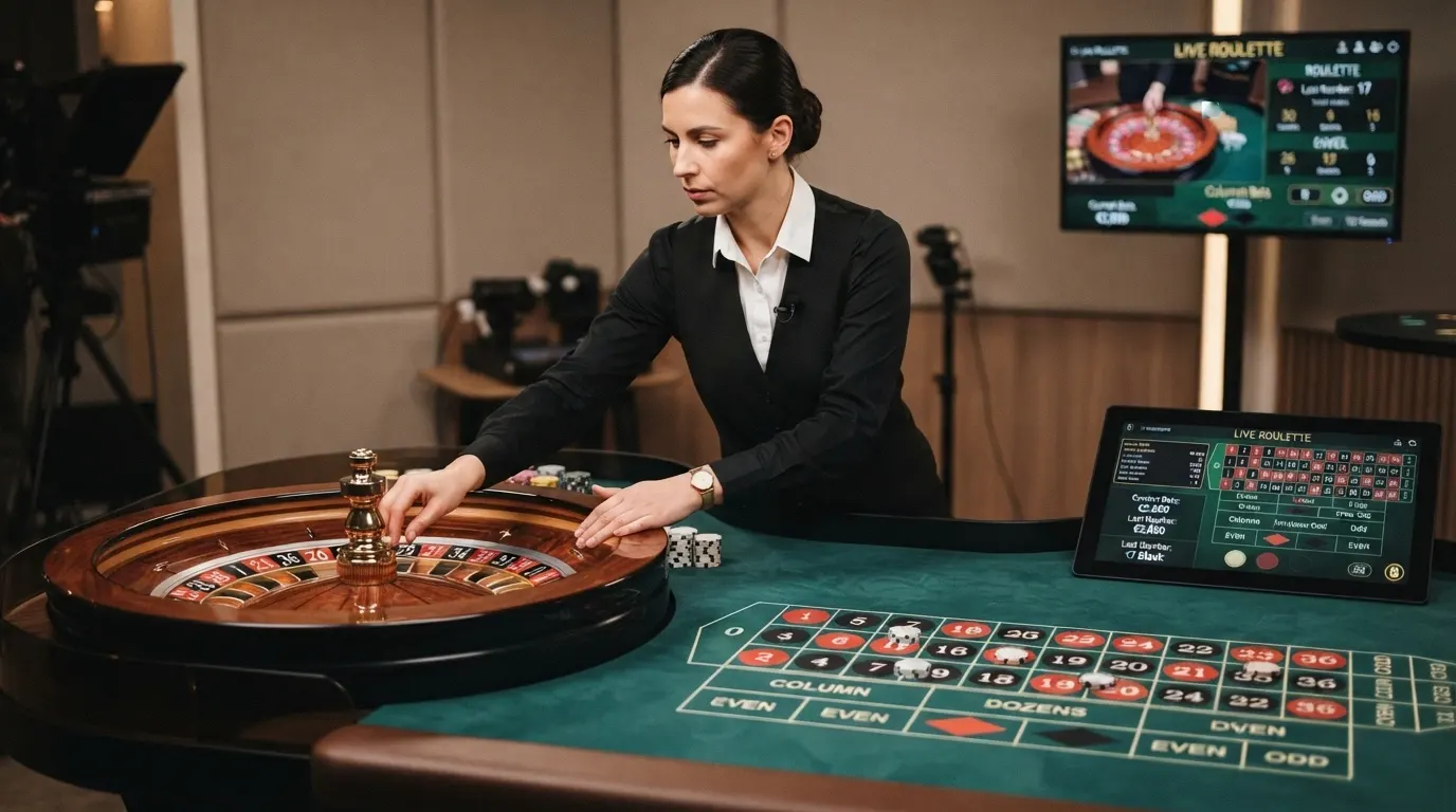 Un tavolo da roulette dal vivo con interfaccia digitale Novo TouchBet, croupier in uniforme e monitor che mostrano le puntate in tempo reale