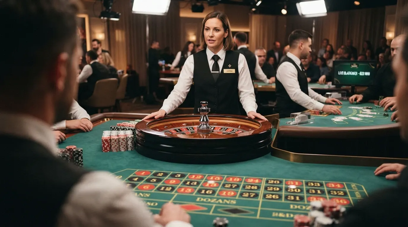 Due giocatori virtuali affiancati sullo schermo di un casinò live: a sinistra un tavolo di roulette europea con la pallina in corsa, a destra un tavolo di blackjack con tre mani scoperte e il dealer in attesa