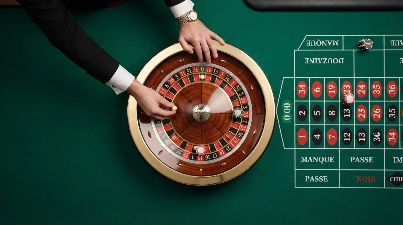 Un primo piano di un tavolo di roulette dal vivo con croupier professionista in smoking, ripreso in streaming HD dallo studio Evolution Gaming