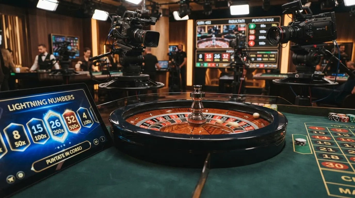 Il tavolo della Lightning Roulette di Evolution con i numeri illuminati dai moltiplicatori casuali assegnati a ogni giro