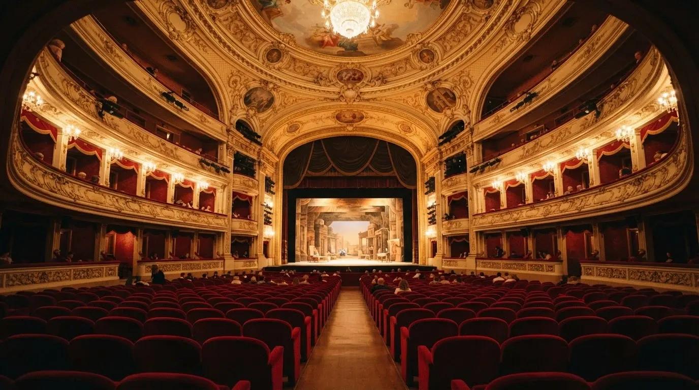 Platea e palchi del Teatro dell'Opera del Casinò di Sanremo con luci di scena