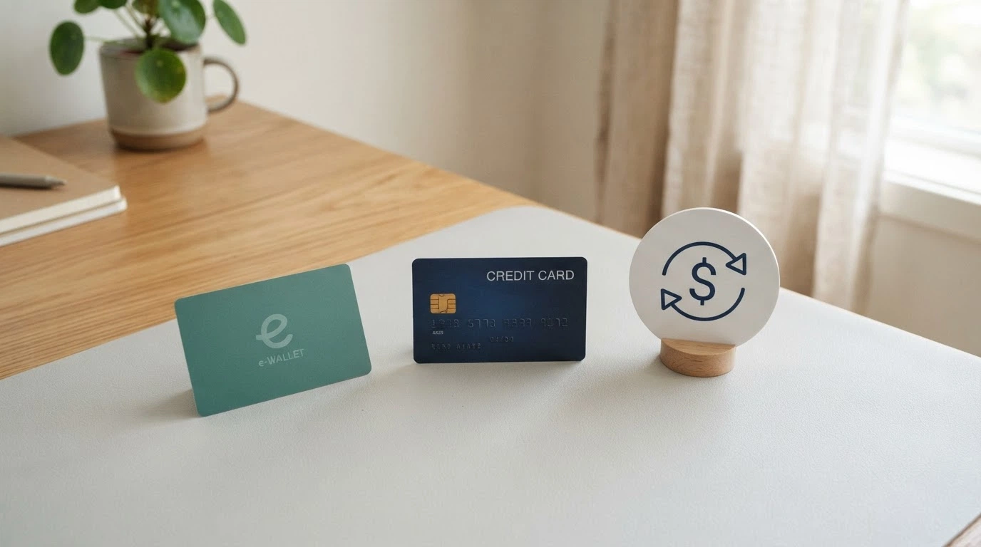 Tre icone affiancate: un portafoglio elettronico, una carta di credito e un simbolo di bonifico bancario, ciascuna con l'indicazione del tempo di accredito in ore o giorni