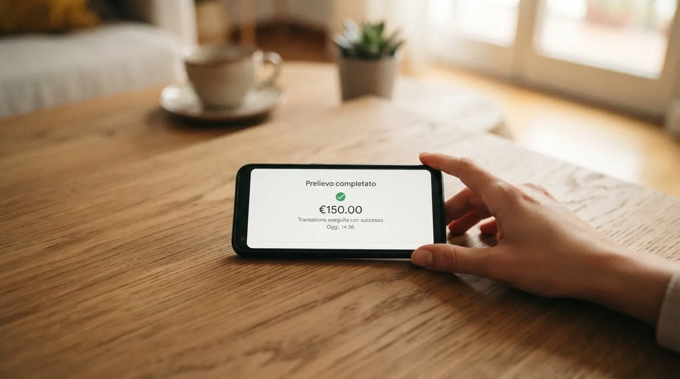 Un telefono con la schermata di un prelievo Trustly completato e la notifica «accreditato in 24 ore»