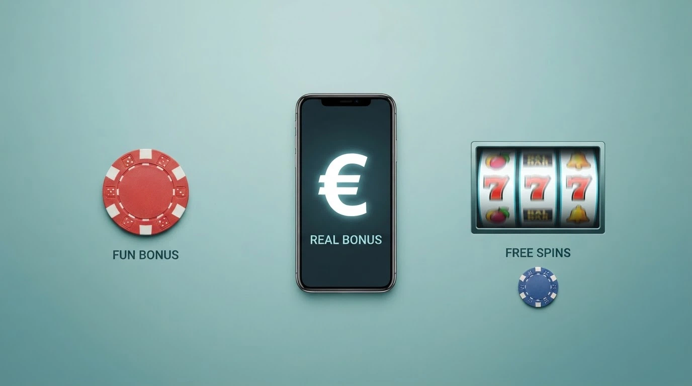 Un'illustrazione che mostra tre colonne affiancate — Fun Bonus, Real Bonus, giri gratis — con il percorso dal credito vincolato al prelievo in contanti