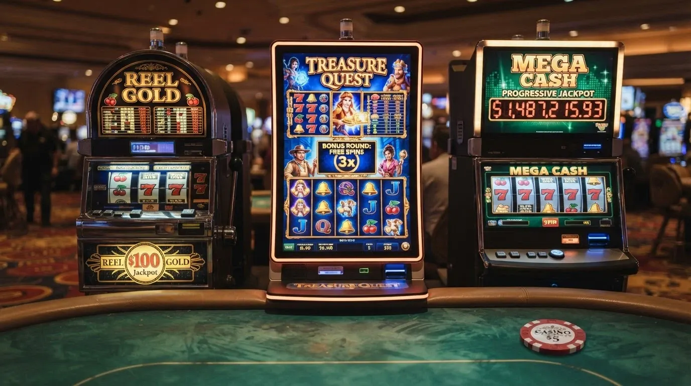 Tre slot machine affiancate: una classica a 3 rulli con simboli frutta, una video slot a 5 rulli con round bonus attivo, una slot progressiva con il jackpot in crescita visibile