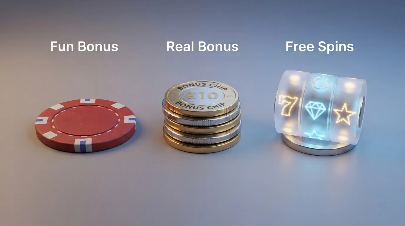 Tre riquadri affiancati con le icone di Fun Bonus, Real Bonus e Giri Gratuiti, ciascuno con il proprio moltiplicatore di puntata in evidenza