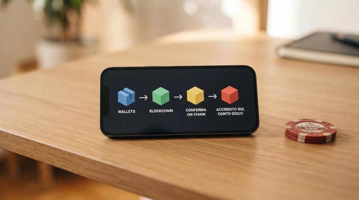 Uno schema semplificato del flusso di una transazione Ethereum: wallet → blockchain → conferma on-chain → accredito sul conto gioco, con i tempi misurati in secondi a ogni passaggio