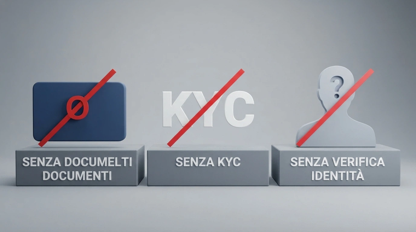Tre colonne affiancate con icone: un documento barrato, la sigla KYC cancellata, una sagoma con punto interrogativo — ciascuna con una breve etichetta in italiano