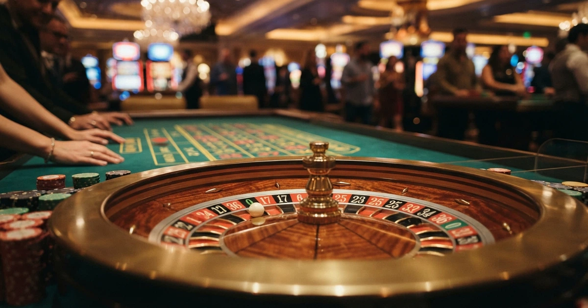 Una roulette da casinò con una pallina bianca posata su un numero, la ruota ancora in movimento, sullo sfondo sfocato le luci di una sala slot.