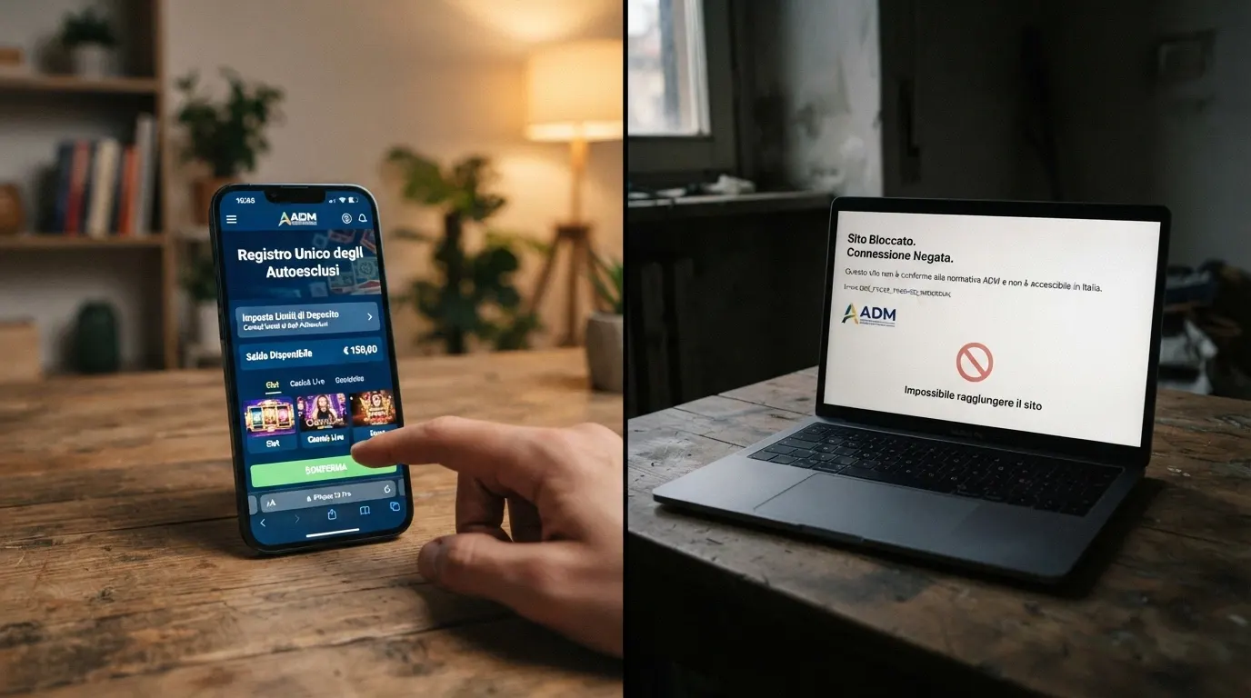Uno schermo diviso a metà: a sinistra l'interfaccia di un casinò ADM con il lucchetto e i loghi dei limiti di deposito e del RUA, a destra un sito senza concessione con il messaggio di blocco DNS