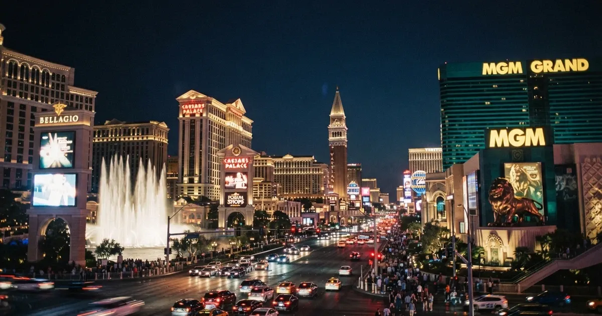 La Strip di Las Vegas di notte con le insegne luminose dei casinò resort e la skyline del deserto del Nevada