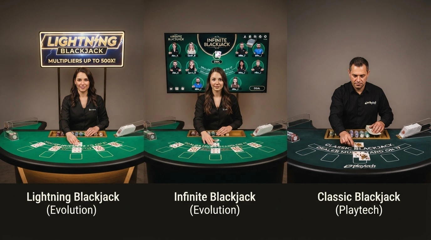 Tre finestre di gioco affiancate: Lightning Blackjack con moltiplicatore attivo, Infinite Blackjack con il tavolo pieno, Classic Blackjack con il dealer