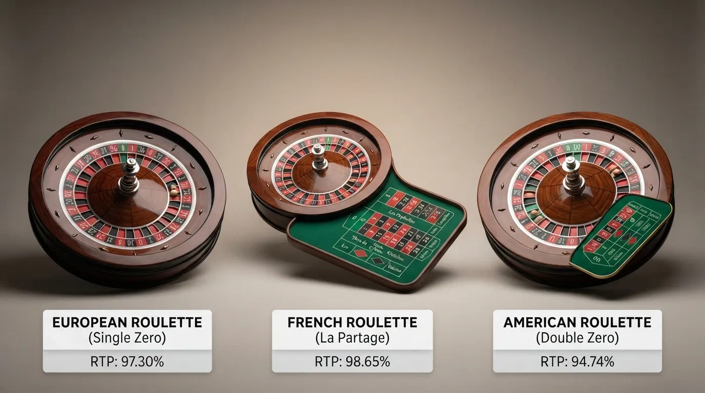 Tre ruote della roulette affiancate — europea (uno zero), francese (uno zero con tappeto diverso) e americana (doppio zero) — con l'RTP di ciascuna in sovrimpressione