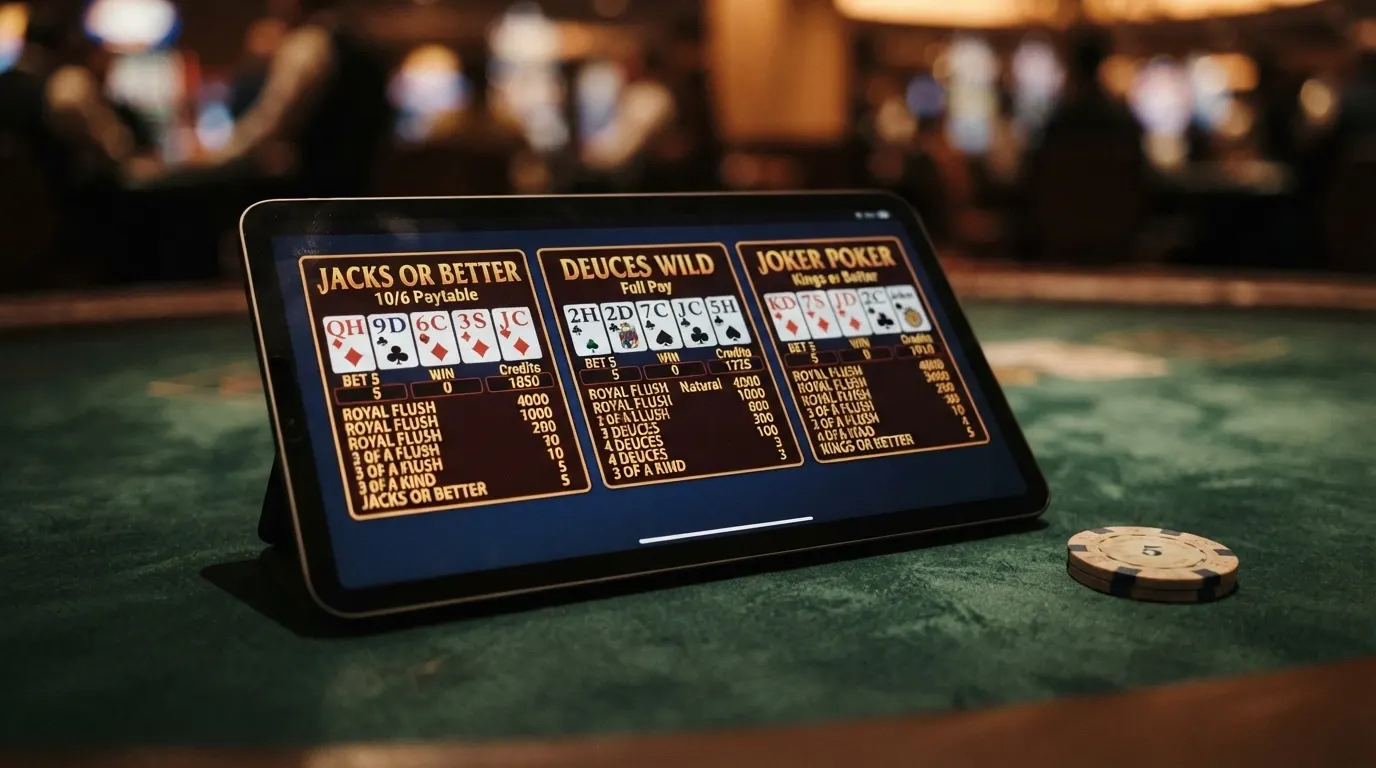 Tre schermate affiancate di varianti di video poker — Jacks or Better, Deuces Wild e Joker Poker — con le rispettive paytable in evidenza