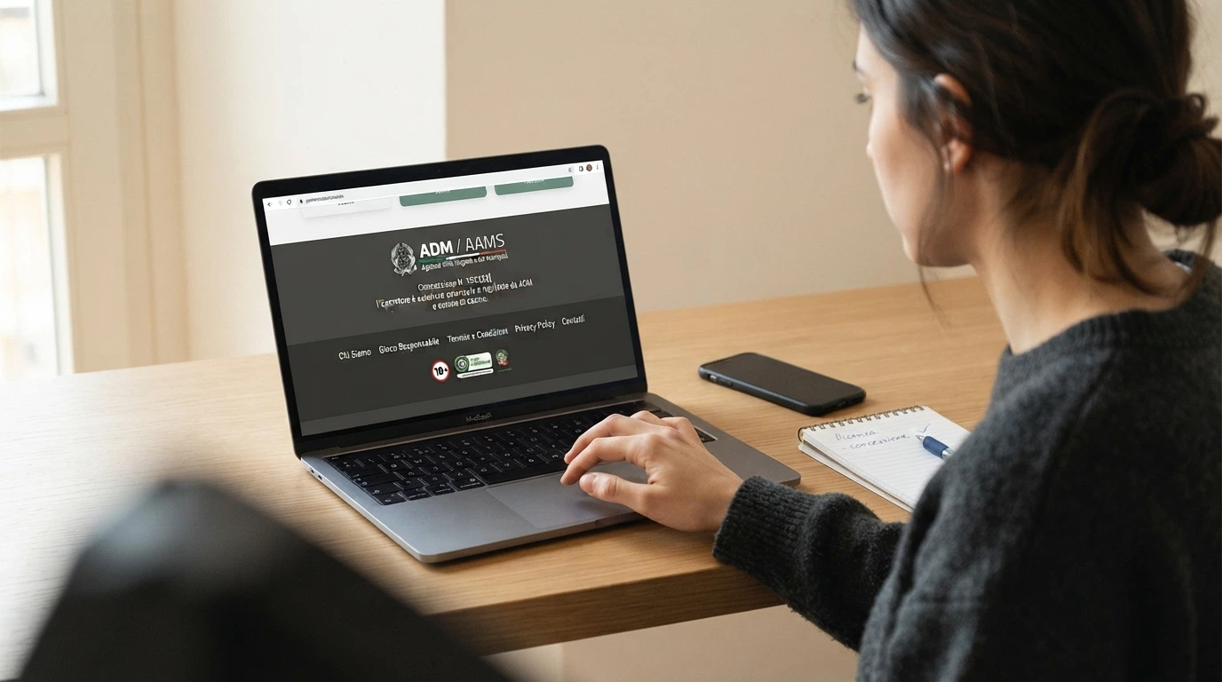 Il footer di un casinò online con il numero di concessione ADM e il logo del concessionario visibili.