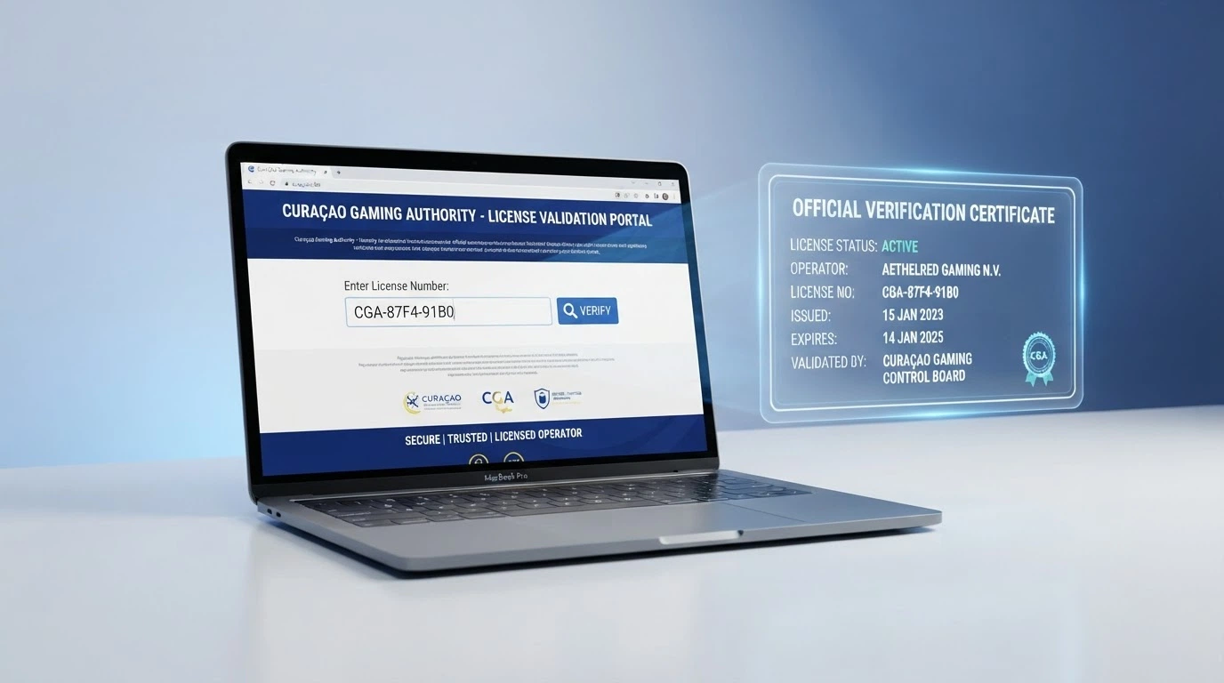 Il registro ufficiale della Curaçao Gaming Authority aperto su una pagina di ricerca licenza, con il campo del numero di licenza e il risultato di una verifica