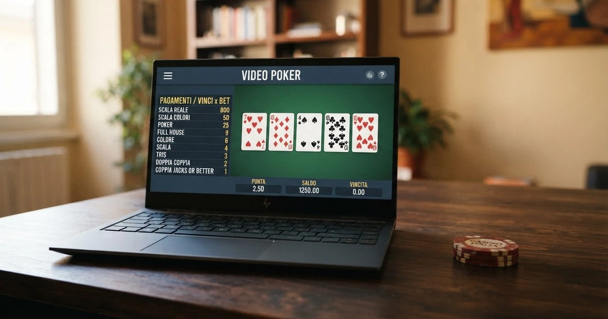 Un tavolo da video poker virtuale con cinque carte scoperte sullo schermo e la paytable visibile a lato, in un'interfaccia che richiama un casino online italiano con licenza ADM