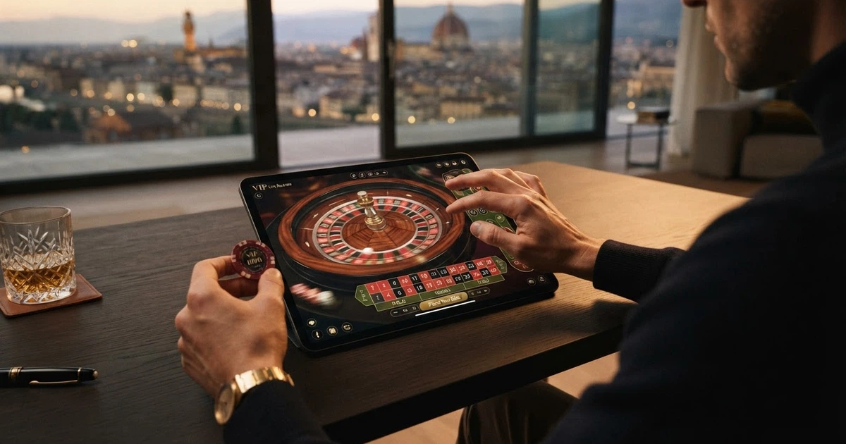 Un giocatore seduto a un tavolo da gioco virtuale con un'interfaccia dorata e un pannello laterale che mostra livelli e punti fedeltà
