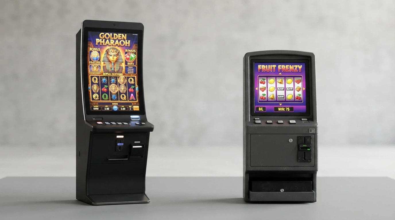 Due apparecchi da gioco affiancati: a sinistra un terminale VLT con schermo grande in una sala dedicata, a destra una New Slot da bar compatta in un locale pubblico.